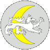 Order of Howlings Wolf badge: a golden waning crescent, in front of which is a white wolf walking.
